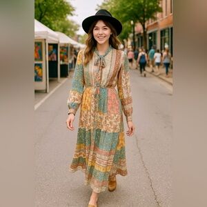 Davi & Dani Women’s Boho Patchwork Floral Blouson Sleeve Dress w/pockets cottage